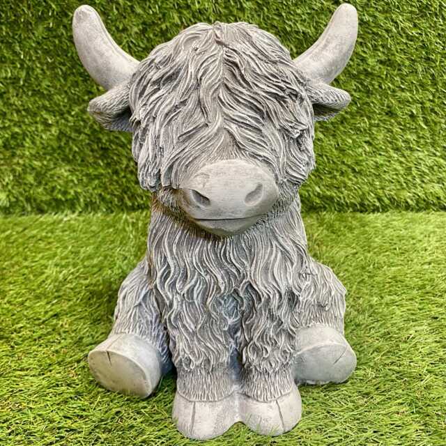 Large Concrete Highland Cow Ornament Outdoor Animal Cute Garden Sculpture Frost Protected - image 1