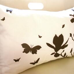 Brown Print On Off White Cotton Magnolia & Butterfies Rectangle Pillow - thumbnail 3
