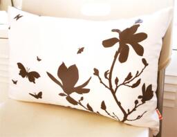 Brown Print On Off White Cotton Magnolia & Butterfies Rectangle Pillow - thumbnail 1
