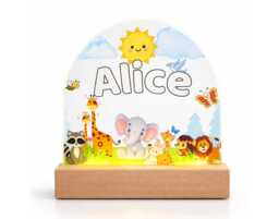 Personalised Kids Night Light, Custom Name Lamp, Jungle Animals Nursery Baby Bedside Shower Gift