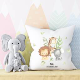 Jungle Animals Nursery Cushion , Safari Personalised Baby Decor Theme Elephant Giraffe Zebra - thumbnail 3