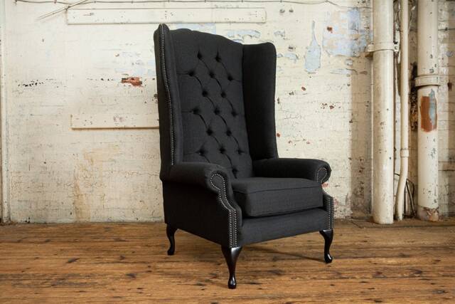 Large Charcoal Grey Herringbone Wool Chesterfield High Back Wing Chair, British Handmade - image 1