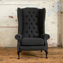 Large Charcoal Grey Herringbone Wool Chesterfield High Back Wing Chair, British Handmade - thumbnail 2