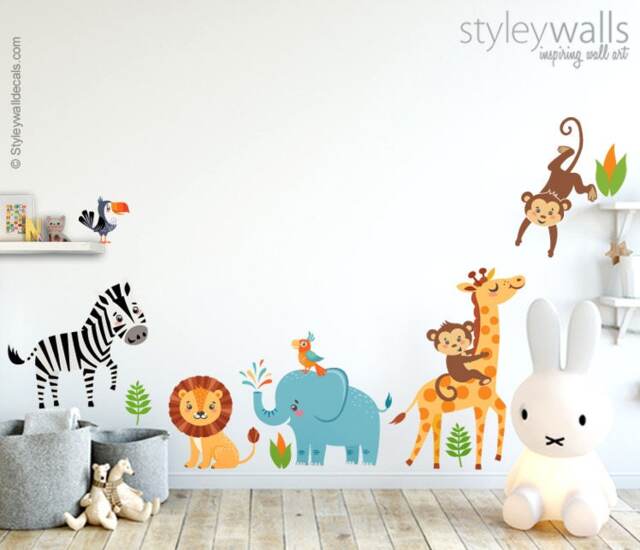 Jungle Animals Wall Decal, Decal Sticker, Safari Giraffe Monkey Zebra Elephant Lion Nursery Decor - image 1
