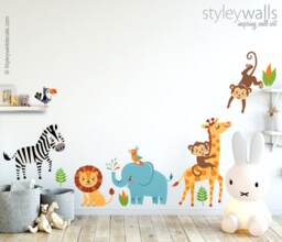 Jungle Animals Wall Decal, Decal Sticker, Safari Giraffe Monkey Zebra Elephant Lion Nursery Decor - thumbnail 1