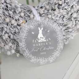 Personalised Baby's First Christmas Decoration, 1st Rabbit New Baby Gift, Bauble - thumbnail 1
