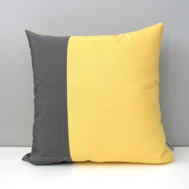 Buttercup Yellow & Grey Sunbrella?? Outdoor Pillow Cover in Modern Butter & Gray Color Block Cushions For Pool/Patio, Mazizmuse - image 1