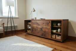 Rustic Wood Tv Unit With Sliding Doors - Scandinavian Media Console Table Sideboard Shelves Loft Style Furniture Japandi Design - thumbnail 1