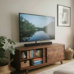 Rustic Wood Tv Unit With Sliding Doors - Scandinavian Media Console Table Sideboard Shelves Loft Style Furniture Japandi Design - thumbnail 2