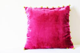 Pink Velvet Pillow With Pom Poms , Fuchsia Cushion Cover Decor Throw - thumbnail 1