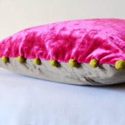 Pink Velvet Pillow With Pom Poms , Fuchsia Cushion Cover Decor Throw - thumbnail 2