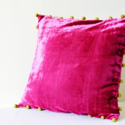 Pink Velvet Pillow With Pom Poms , Fuchsia Cushion Cover Decor Throw - thumbnail 3
