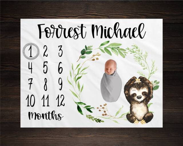 Sloth Milestone Blanket, Monthly Growth Tracker, Personalized Baby Custom Shower Gift, New Boy - image 1