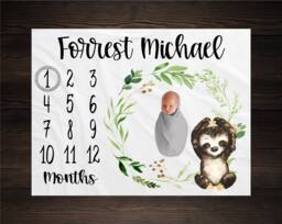 Sloth Milestone Blanket, Monthly Growth Tracker, Personalized Baby Custom Shower Gift, New Boy - thumbnail 1