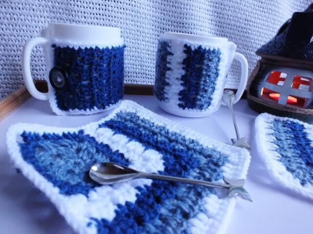 Table Napkins Christmas Crochet New Year Handmade Present Gift Home Decor White Blue Set Cup Warmer Cups Warm Button - image 1