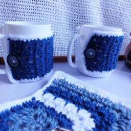Table Napkins Christmas Crochet New Year Handmade Present Gift Home Decor White Blue Set Cup Warmer Cups Warm Button - thumbnail 3