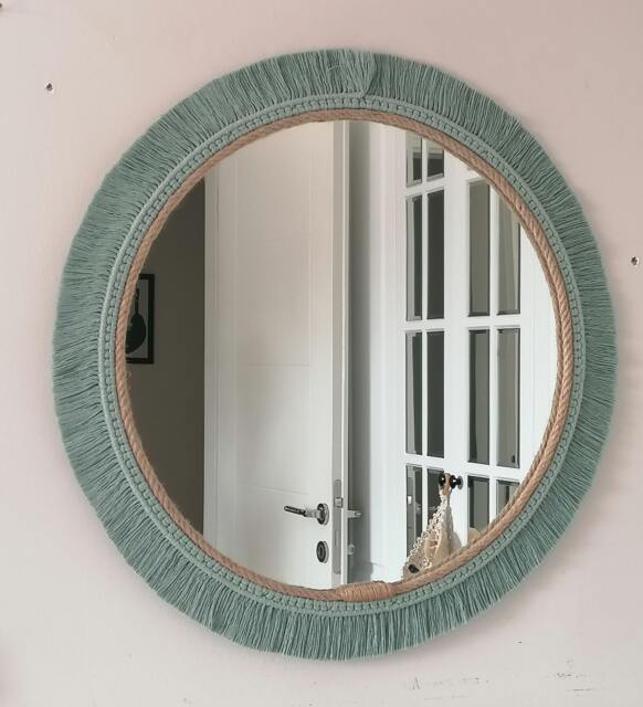 Green Jute Mirror, Round Large Modern Wall Mirror, Handmade Bohemian Style Mirror, New House Gift, Kids Bedroom Hanging, Next Day Shipping - image 1