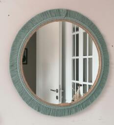 Green Jute Mirror, Round Large Modern Wall Mirror, Handmade Bohemian Style Mirror, New House Gift, Kids Bedroom Hanging, Next Day Shipping - thumbnail 1