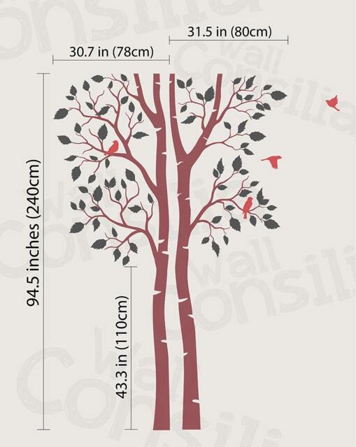 Twin Tree Wall Decal - Burgundy & Black, Birds, Nature Inspired - image 1