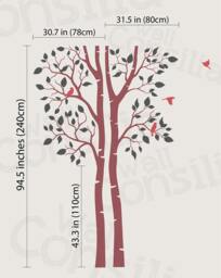 Twin Tree Wall Decal - Burgundy & Black, Birds, Nature Inspired - thumbnail 1