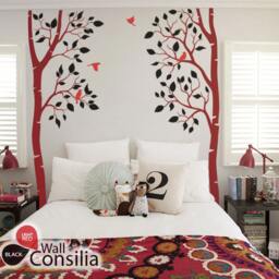 Twin Tree Wall Decal - Burgundy & Black, Birds, Nature Inspired - thumbnail 2