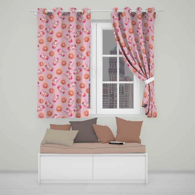 Cute Kawaii Donut & Strawberry Drink Pattern Blush Pink Background Seamless Readymade Eyelet Ring Top Thermal 100% Blackout Curtains - image 1