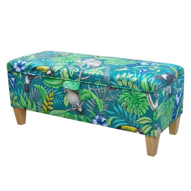 Rainforest Print Storage Bench - Teal Tropical Animal Ottoman Handmade in Britain - image 1