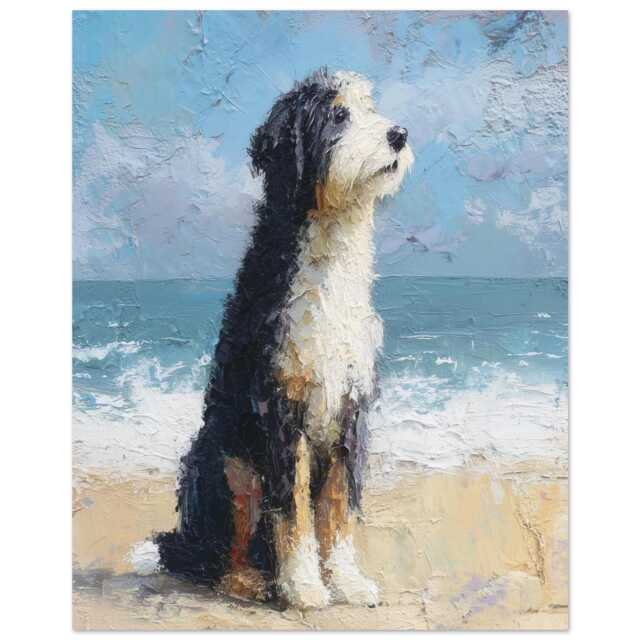 Tri Coloured Bernedoodle Wall Art Print in Oil Painting Style, Owner Gift, Beach Abstract Print, Memoria - image 1