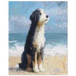 Tri Coloured Bernedoodle Wall Art Print in Oil Painting Style, Owner Gift, Beach Abstract Print, Memoria - thumbnail 1