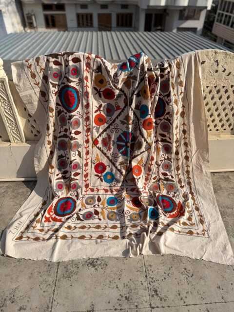 Handmade Cotton Suzani Quilt, Floral Embroidered Bedspread, Home Decor - image 1