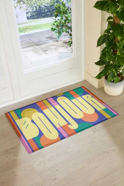 Elizabeth Olwen Bonjour Indoor Outdoor Doormat - French Welcome Entrance Rug Colourful Home Decor Housewarming Gift 90x60cm - image 1