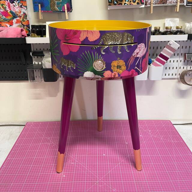 Purple Side Table. Round Wooden Table With Drawer in Purple Yellow & Pink Tropical Design. Personalised Nightstand - image 1