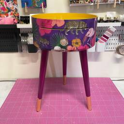 Purple Side Table. Round Wooden Table With Drawer in Purple Yellow & Pink Tropical Design. Personalised Nightstand