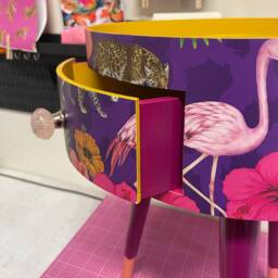 Purple Side Table. Round Wooden Table With Drawer in Purple Yellow & Pink Tropical Design. Personalised Nightstand - thumbnail 3