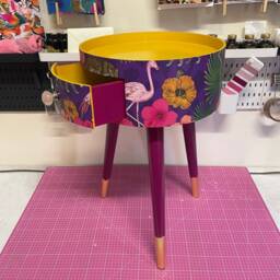 Purple Side Table. Round Wooden Table With Drawer in Purple Yellow & Pink Tropical Design. Personalised Nightstand - thumbnail 2