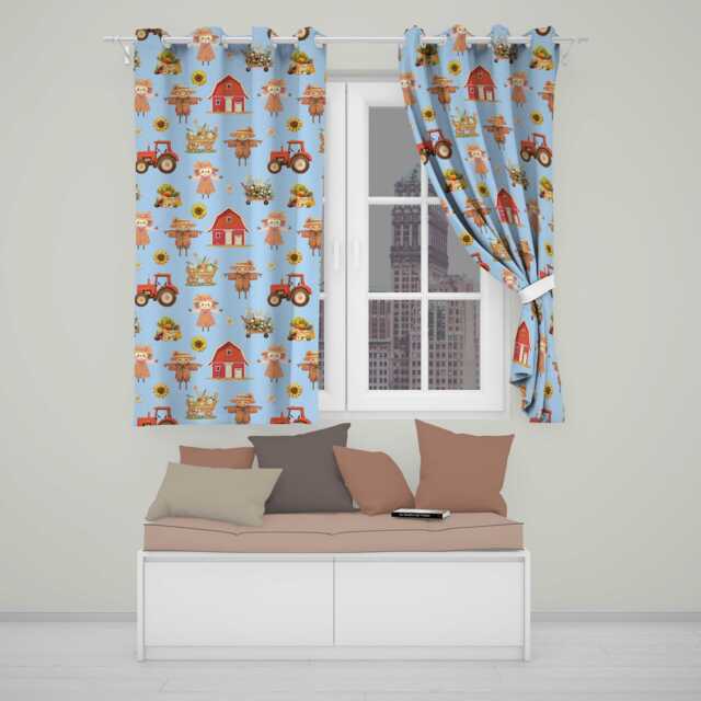 Cute Scarecrow Barn Sunflower Farm Blue Background Seamless Pattern Readymade Eyelet Ring Top Thermal 100% Blackout Curtains - image 1