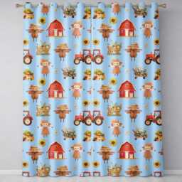 Cute Scarecrow Barn Sunflower Farm Blue Background Seamless Pattern Readymade Eyelet Ring Top Thermal 100% Blackout Curtains - thumbnail 2