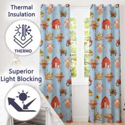 Cute Scarecrow Barn Sunflower Farm Blue Background Seamless Pattern Readymade Eyelet Ring Top Thermal 100% Blackout Curtains - thumbnail 3