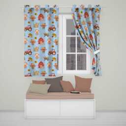 Cute Scarecrow Barn Sunflower Farm Blue Background Seamless Pattern Readymade Eyelet Ring Top Thermal 100% Blackout Curtains - thumbnail 1