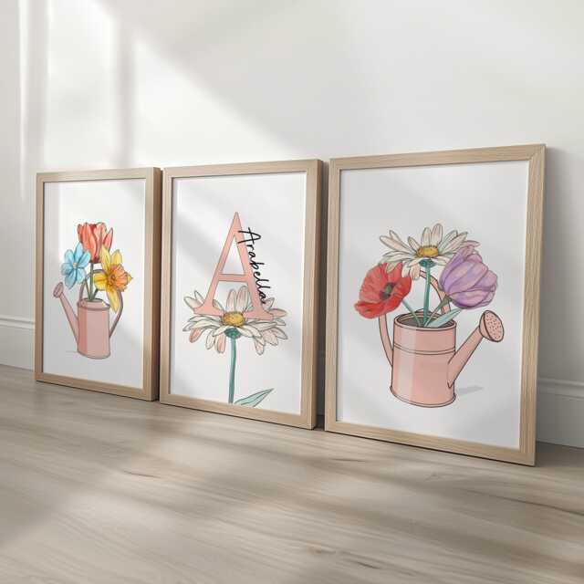 Wildflower Personalised Set Of 3 Girls Prints, Kids Custom Name Posters, Pink Decor Wall Art Gift For Nursery, Bedroom Or Playroom, Flowers - image 1