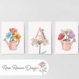 Wildflower Personalised Set Of 3 Girls Prints, Kids Custom Name Posters, Pink Decor Wall Art Gift For Nursery, Bedroom Or Playroom, Flowers - thumbnail 3