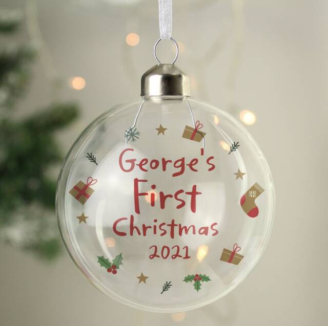 Personalised First Christmas Glass Bauble - Custom Name & Year Ornament Xmas Tree Decoration