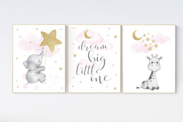 Giraffe & Elephant Nursery Prints, Pink & Gold, Baby Girl Decor - image 1