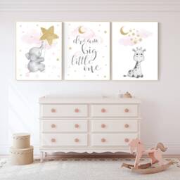 Giraffe & Elephant Nursery Prints, Pink & Gold, Baby Girl Decor - thumbnail 2