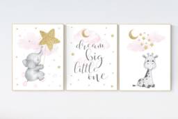 Giraffe & Elephant Nursery Prints, Pink & Gold, Baby Girl Decor - thumbnail 1
