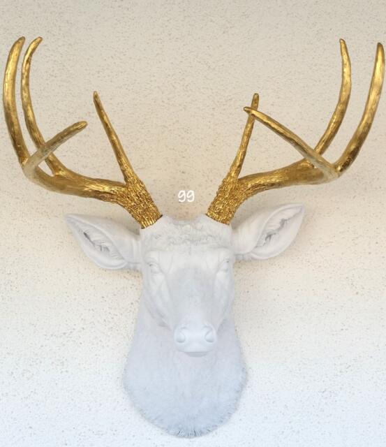 Faux White/Gold Deer Head 8 Point Buck Wall Mount Decor - image 1