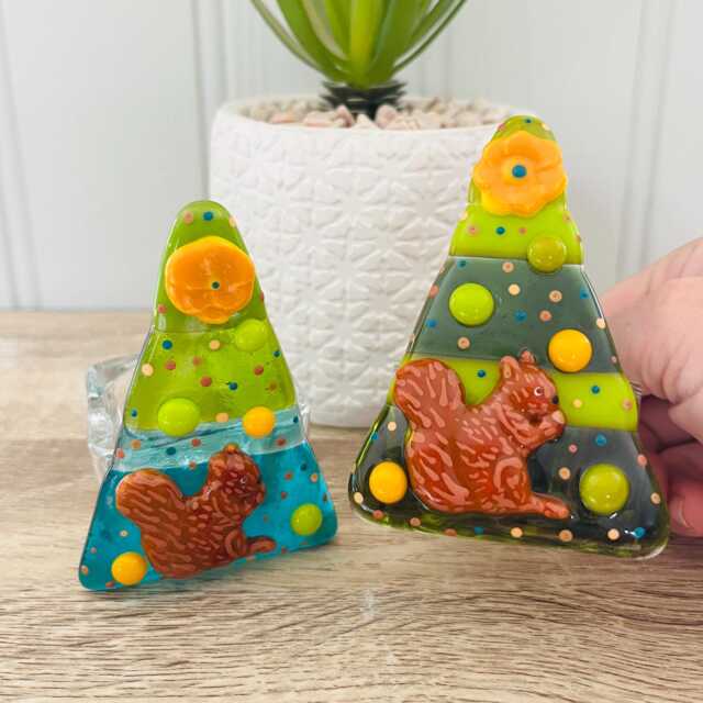 Cute Fused Glass Squirrel Autumnal Tree T-Light Holder - Christmas Decoration, Cornish Glass, Fused Glass Cornwall - image 1