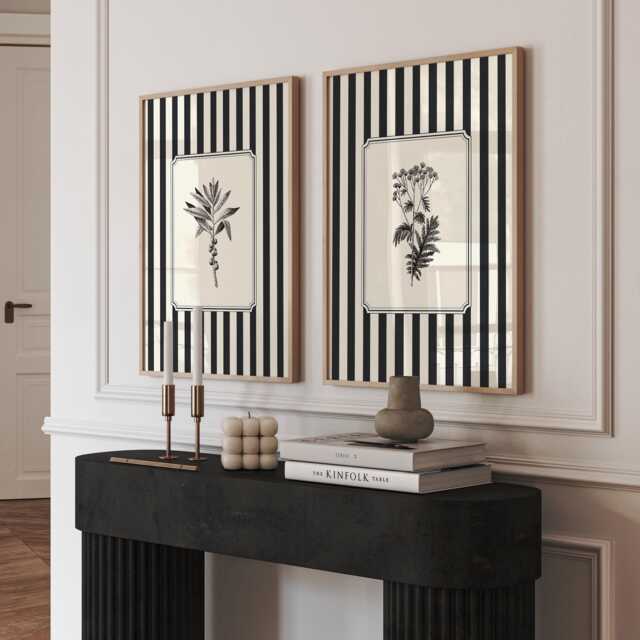 striped Botanical Print Set Of 2, Black & White Vintage Botanicals, Monochrome Wall Art - image 1