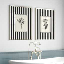 striped Botanical Print Set Of 2, Black & White Vintage Botanicals, Monochrome Wall Art - thumbnail 2