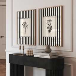 striped Botanical Print Set Of 2, Black & White Vintage Botanicals, Monochrome Wall Art - thumbnail 1